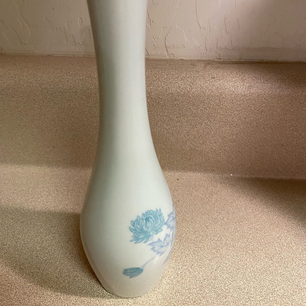 Vintage Porcelain Bud Vase  Blue Floral / Cream Background  Painted 7”Handpainte